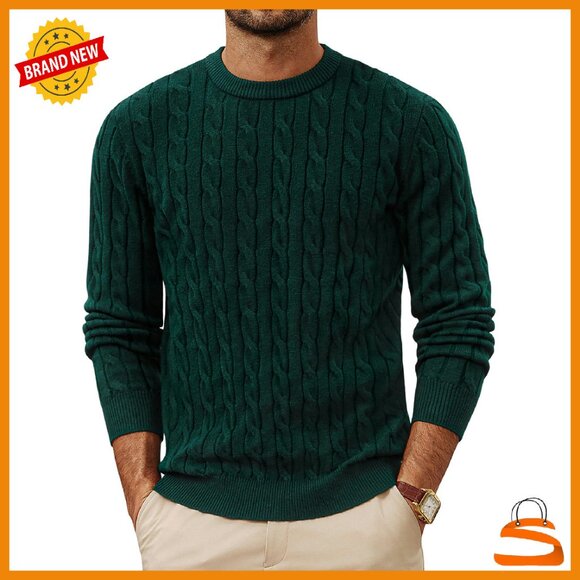Men's Cable Knit Pullover Sweater Crewneck Recycled Material Stretch Fit